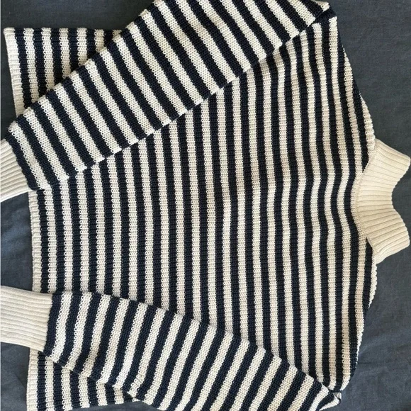 Madewell Navy and White Striped Quarter zip 100% Cotton Sweater - Picture 5 of 7